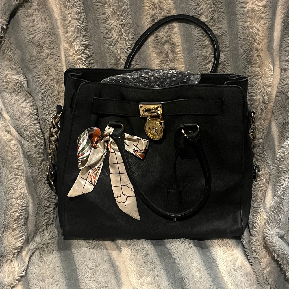 Michael Kors Black Satchel with Gold Accent and Scarf